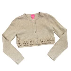 Lilly Pulitzer Girls Cropped Fleur Cardigan Gold Metallic, Ruffle, XL (12-14)